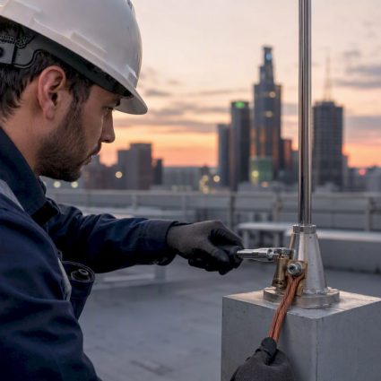 Electrician connecting copper bonding conductor on rooftop