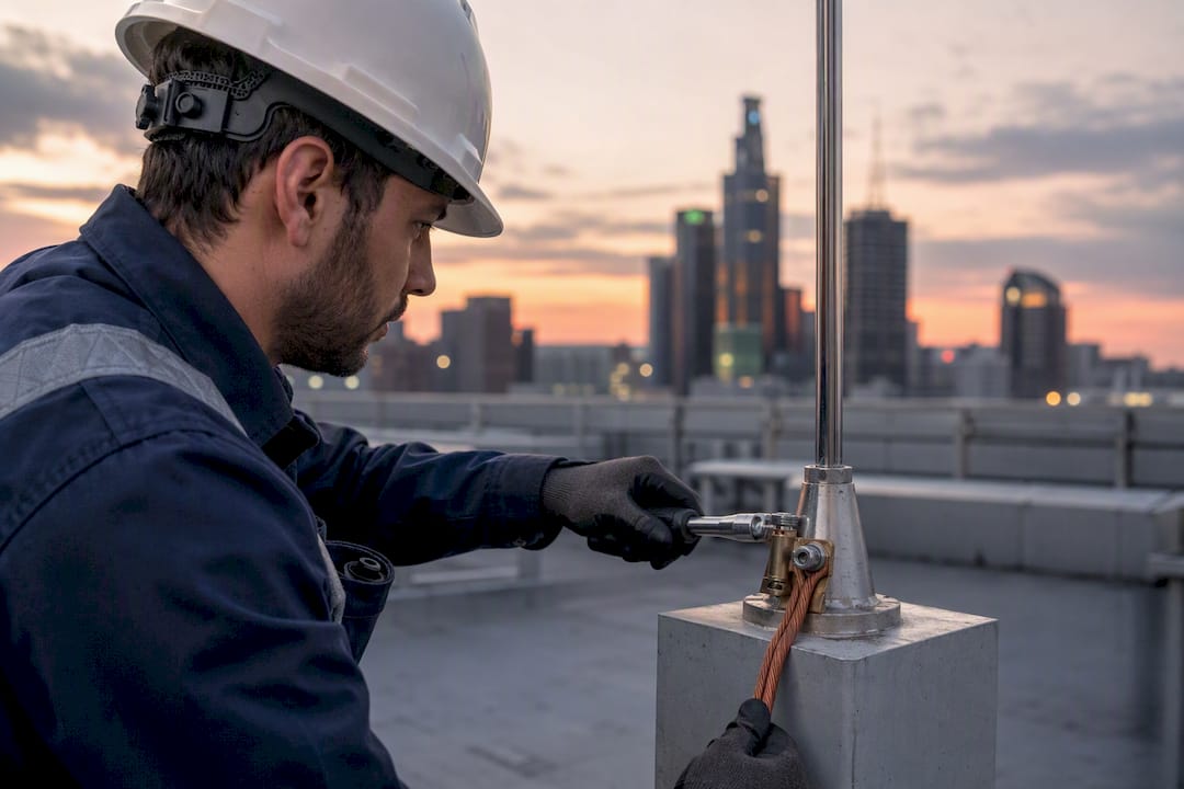 Electrician connecting copper bonding conductor on rooftop