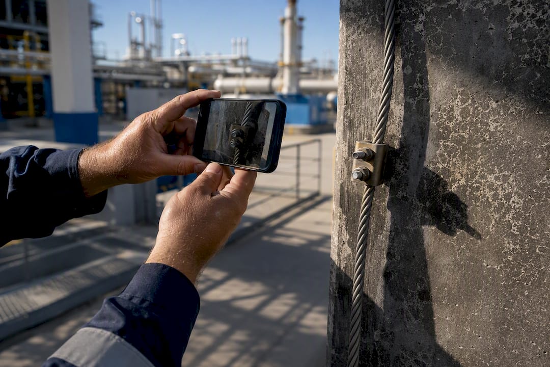 Hands photographing grounding clamp joint onsite