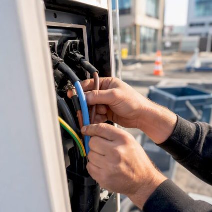 Electrician connecting EV charger cable