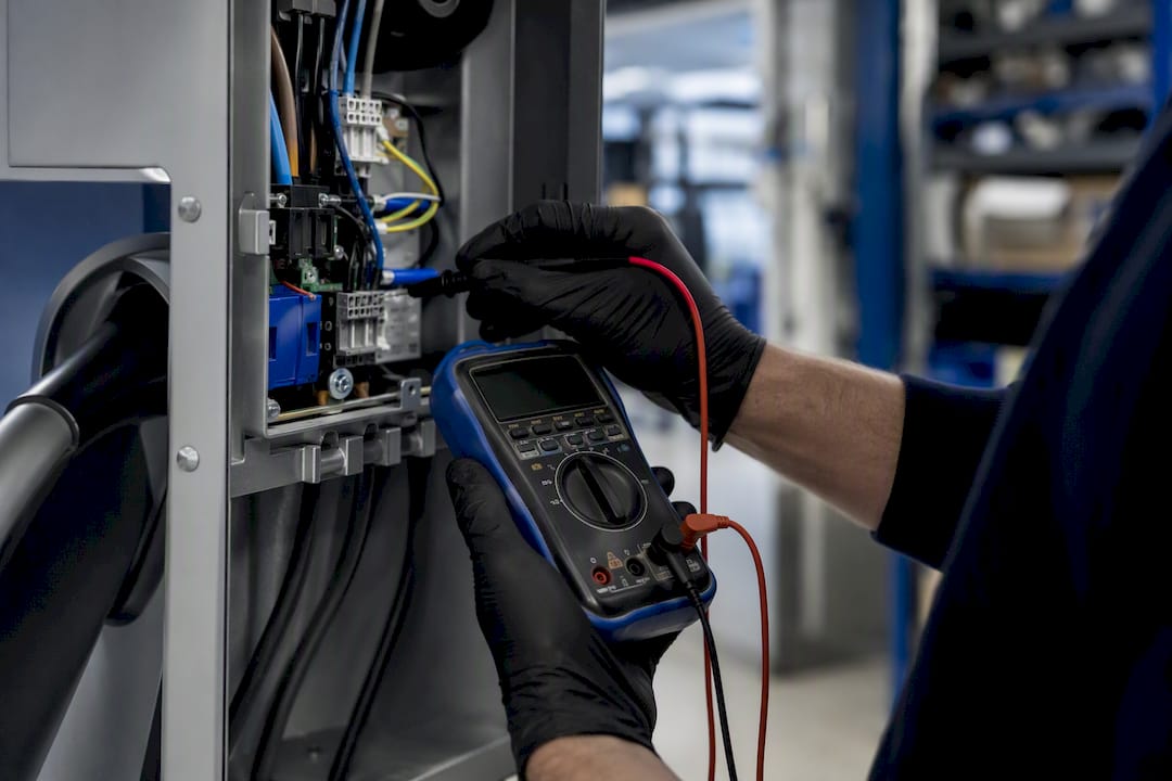 Electrician testing EV charger terminal