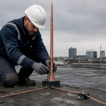 Hands fitting lightning rod on industrial rooftop