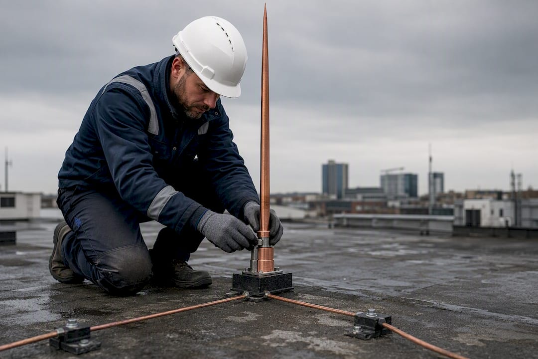 Hands fitting lightning rod on industrial rooftop