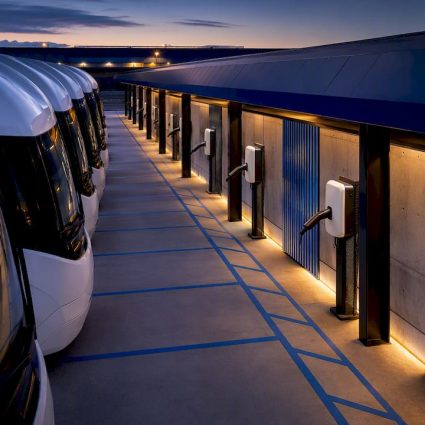 Fleet depot charging connections at dawn