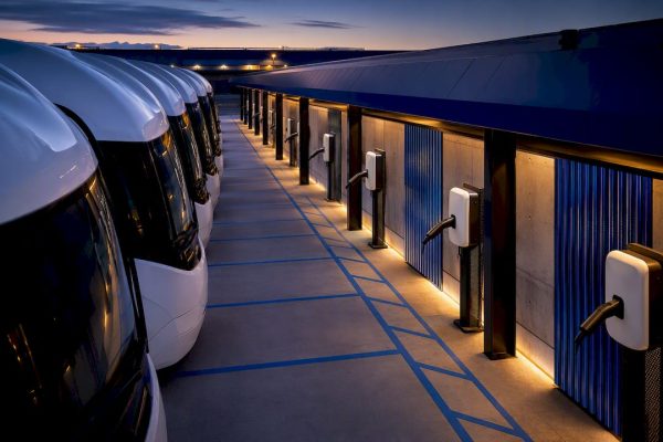 Fleet depot charging connections at dawn