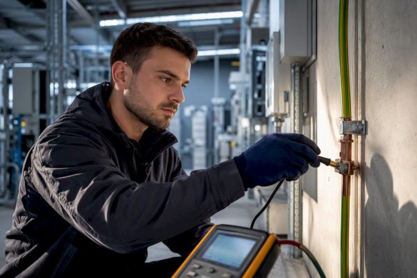 Technicien contrôlant une liaison à la terre industrielle