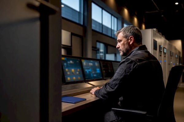 Facility manager reviewing building controls