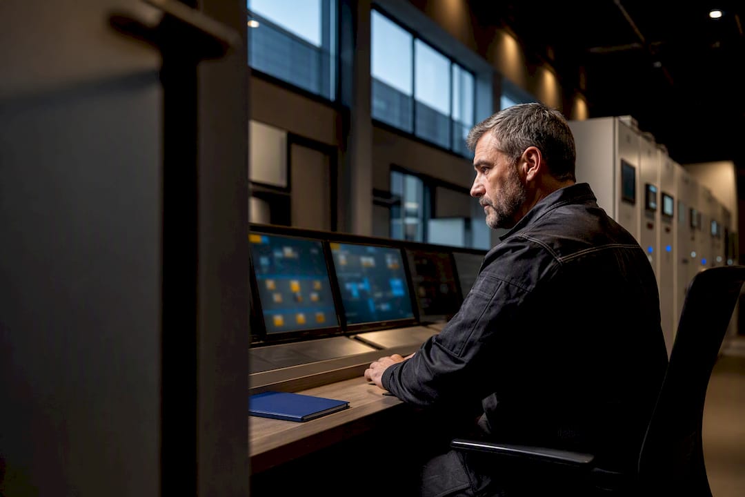 Facility manager reviewing building controls