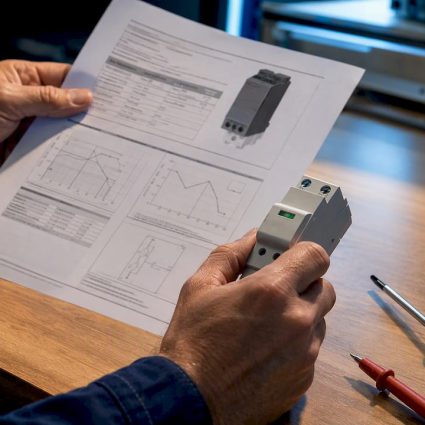 Engineer checking surge protector specifications