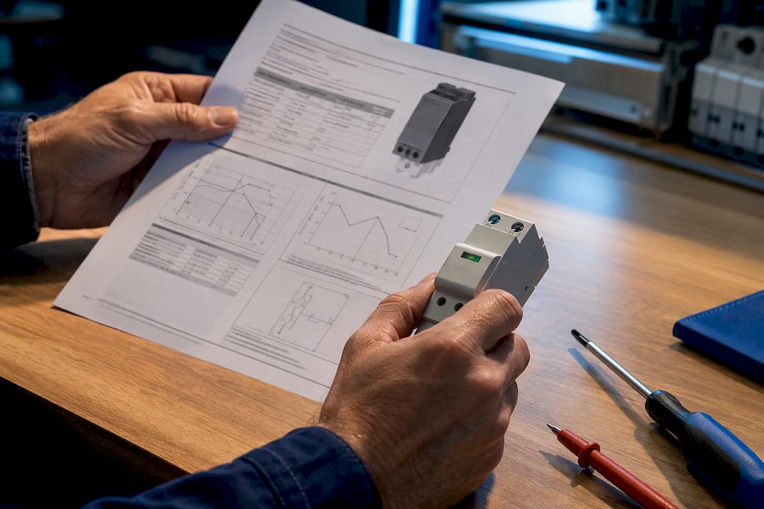 Engineer checking surge protector specifications