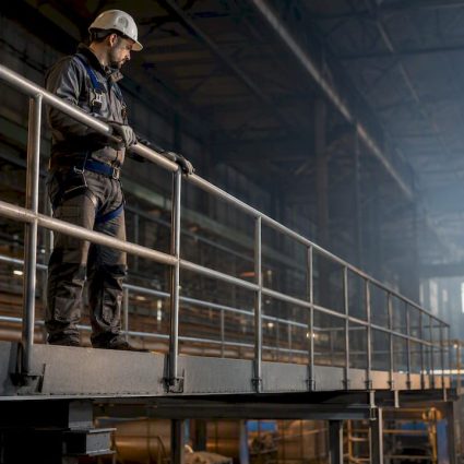 Travailleur sécurisé par une rambarde industrielle