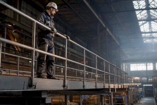 Travailleur sécurisé par une rambarde industrielle