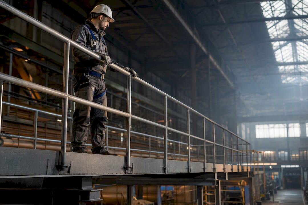 Travailleur sécurisé par une rambarde industrielle