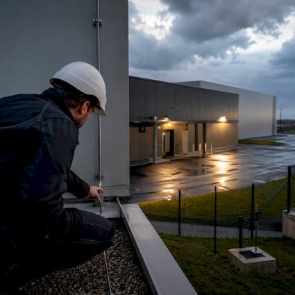 Technician inspecting industrial lightning protection system