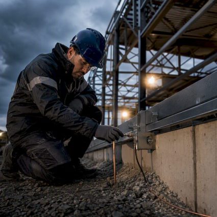 Engineer inspecting construction site grounding connection