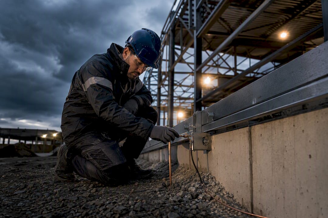 Engineer inspecting construction site grounding connection