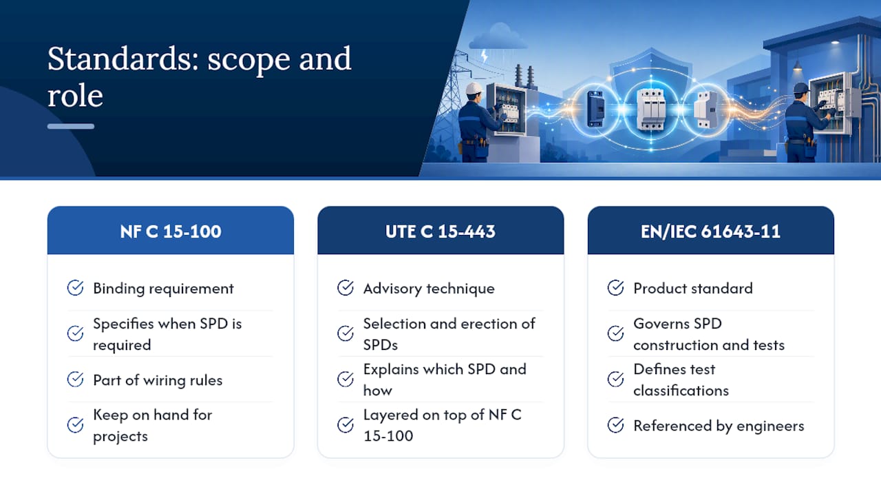 What UTE C 15-443 Covers and How It Relates to NF C 15-100 — overview diagram