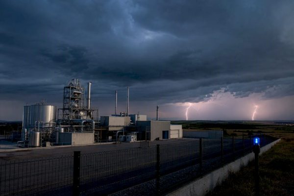 Usine française sous un ciel orageux