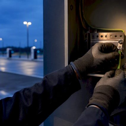 Installer checking grounding at charging station