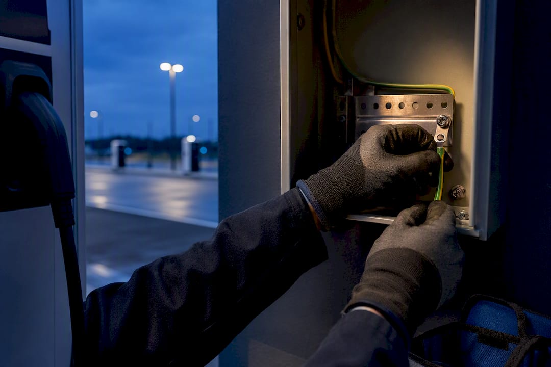 Installer checking grounding at charging station