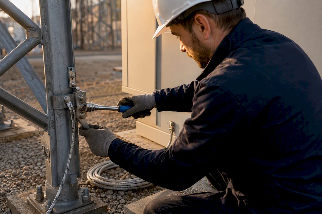 Technician bonding tower leg to earthing network