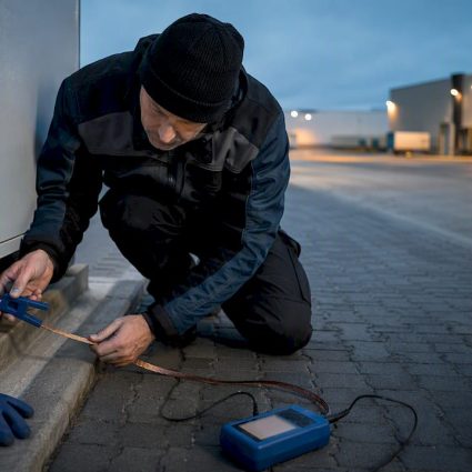 Technician checking industrial charging grounding connection