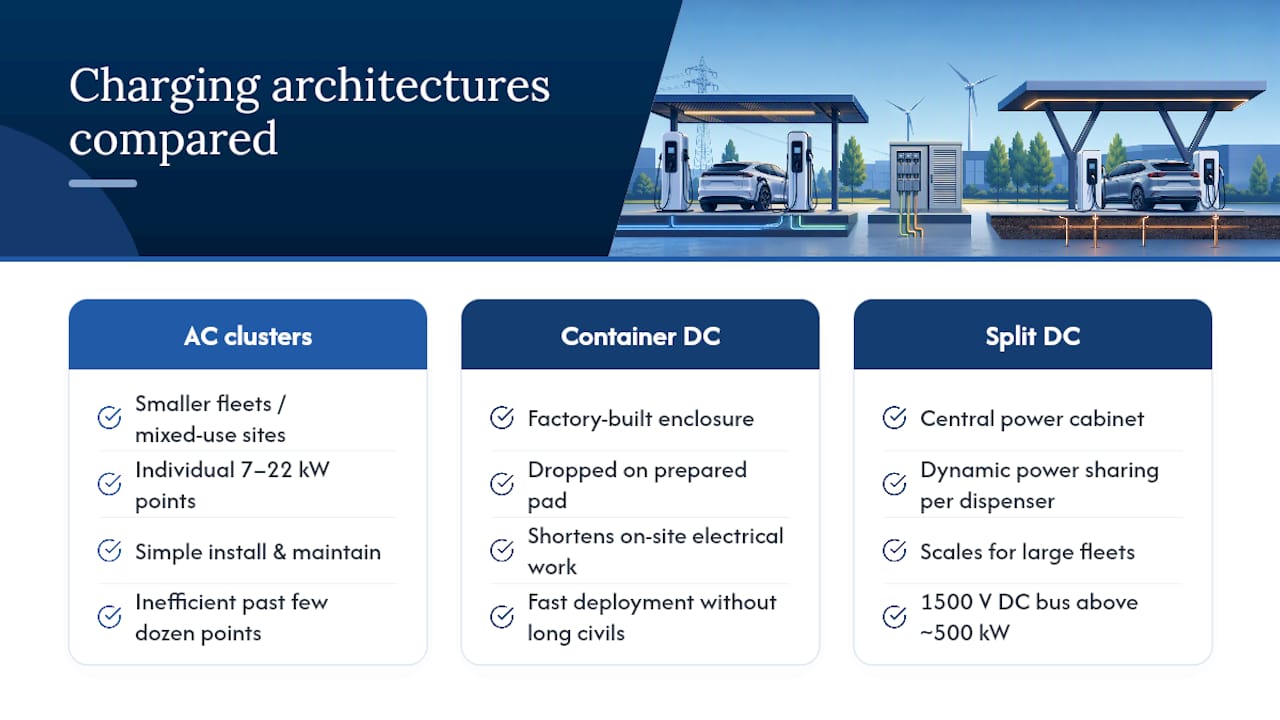 Comparison of three industrial charging architectures