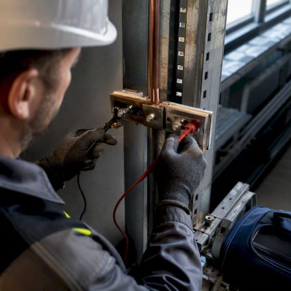 Technician checking industrial lightning protection