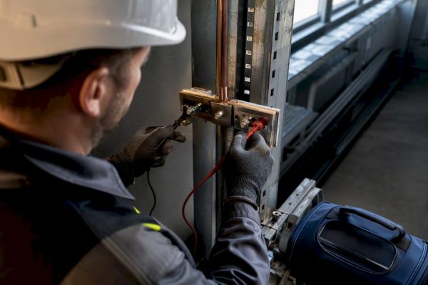 Technician checking industrial lightning protection