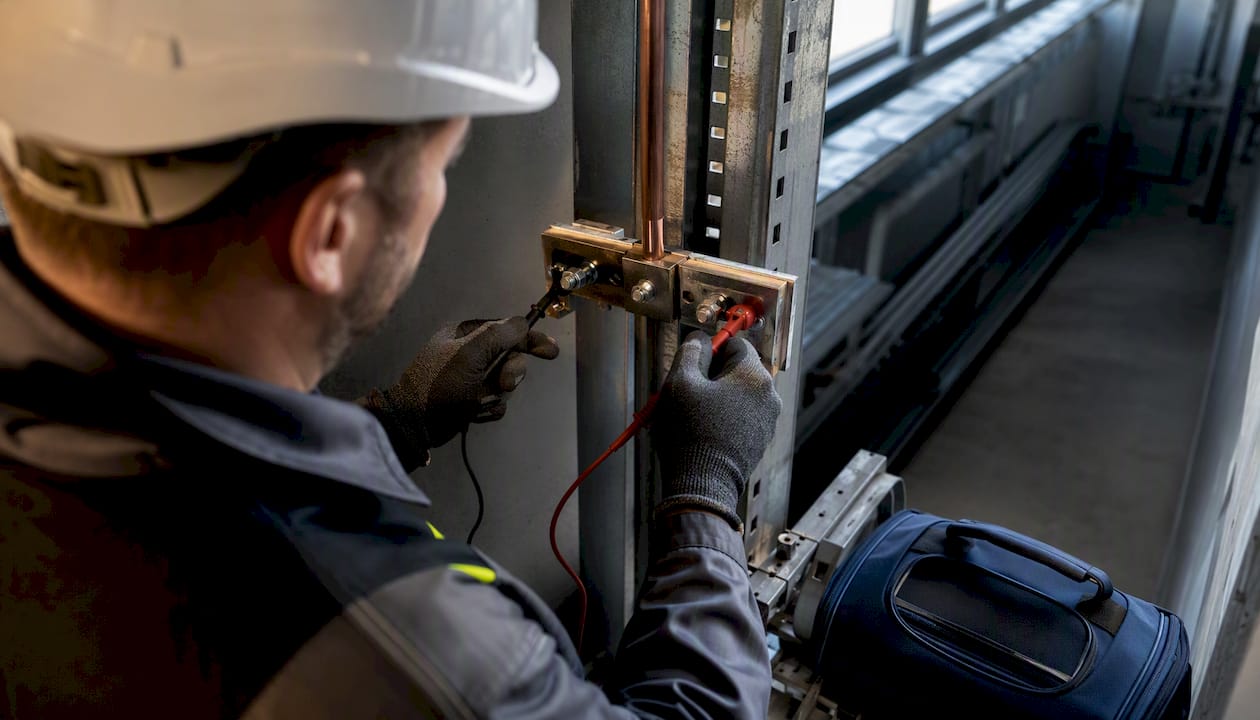 Technician checking industrial lightning protection