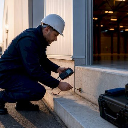 Technician testing warehouse grounding connection