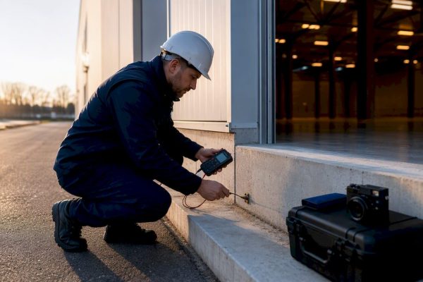 Technician testing warehouse grounding connection