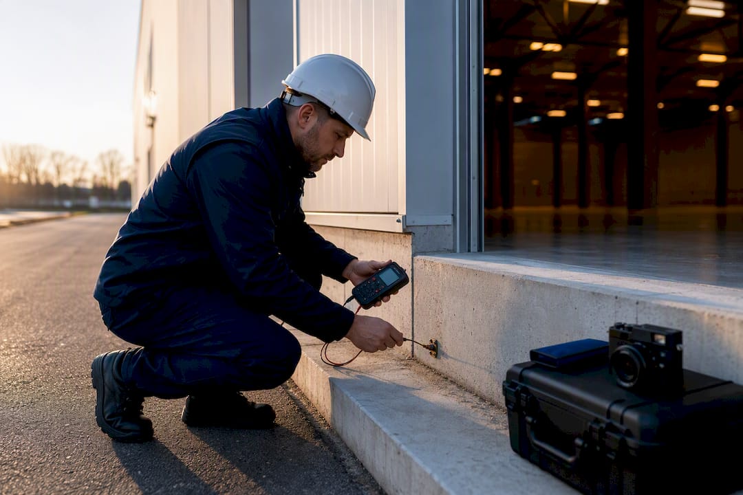 Technician testing warehouse grounding connection
