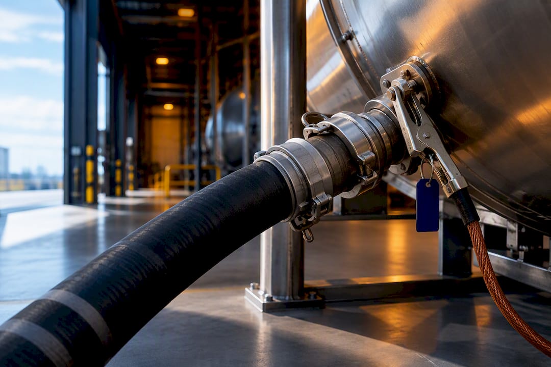 Grounding clamp attached to storage tank