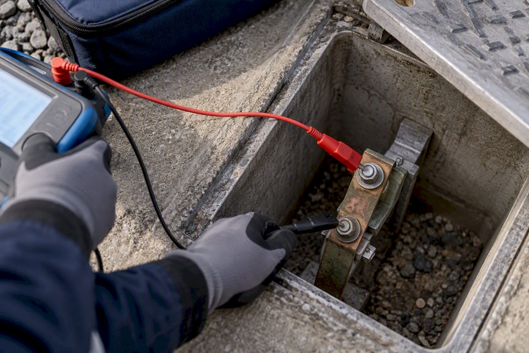 Technician measuring industrial earthing resistance