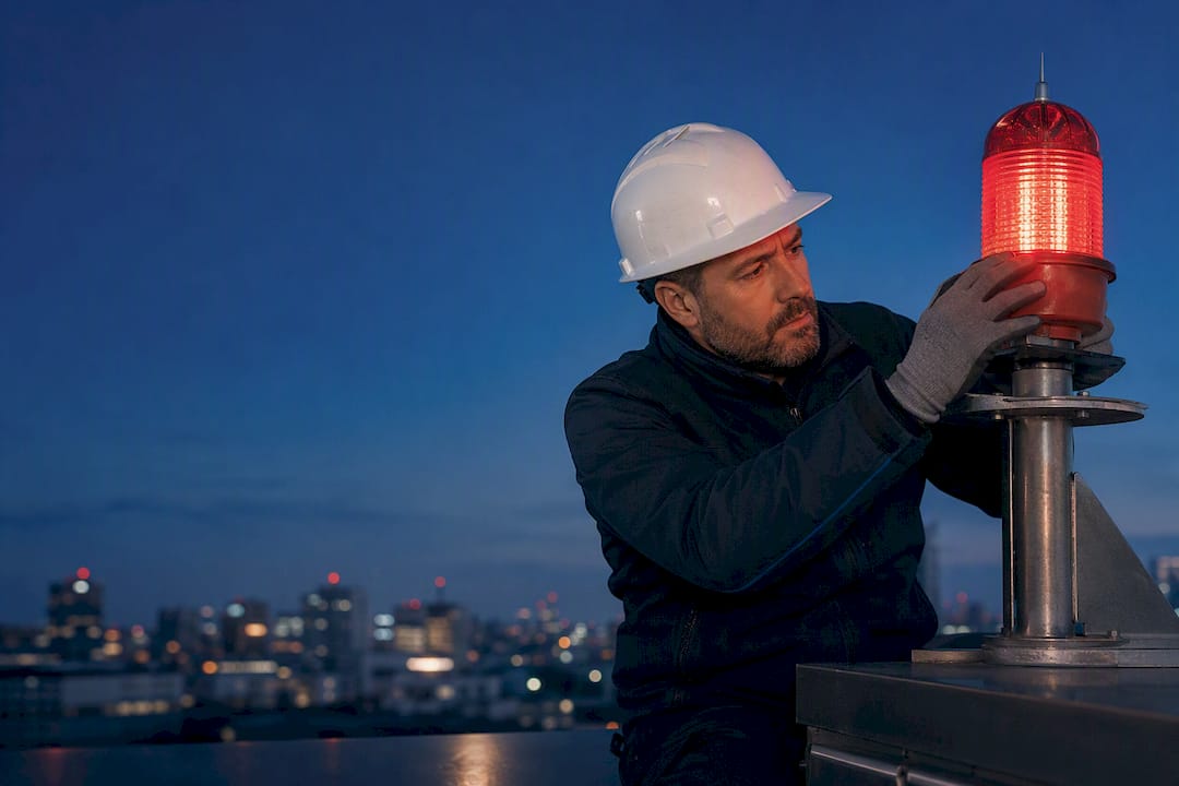Technicien effectuant l'inspection d'une balise aérienne
