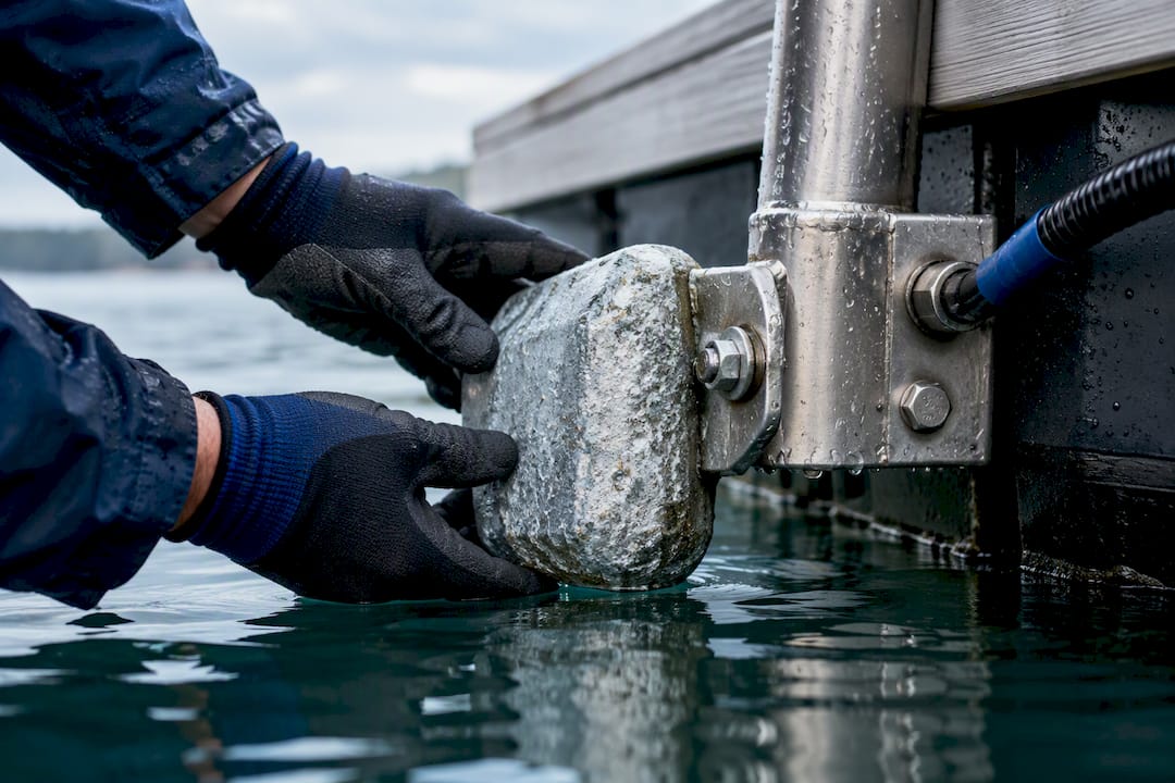 Technician inspecting marine anode and fitting