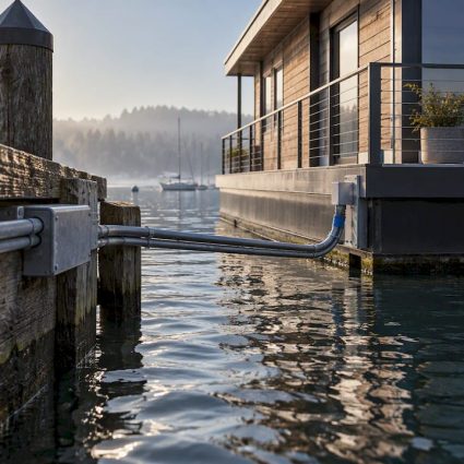 Floating home with shore-connected earth conductor