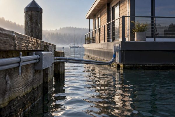 Floating home with shore-connected earth conductor