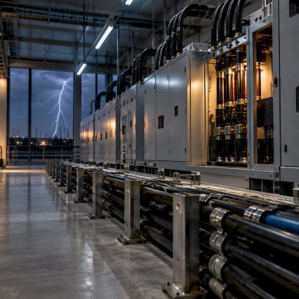 Industrial switchroom during lightning storm