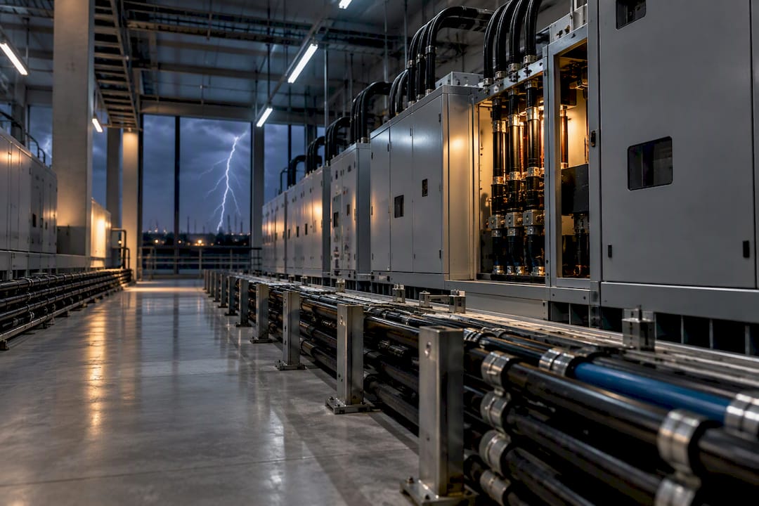 Industrial switchroom during lightning storm