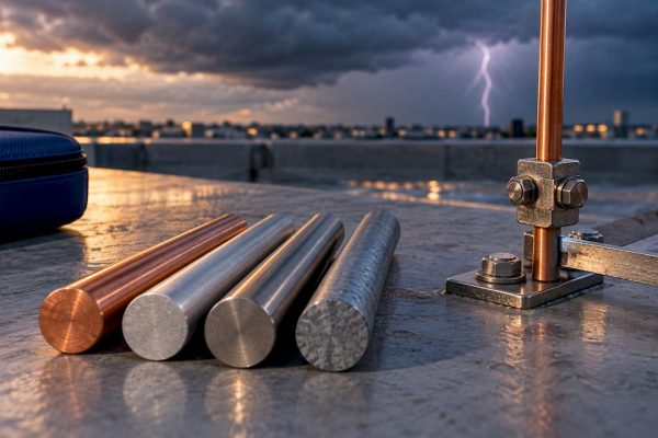 Metal lightning protection conductors on rooftop