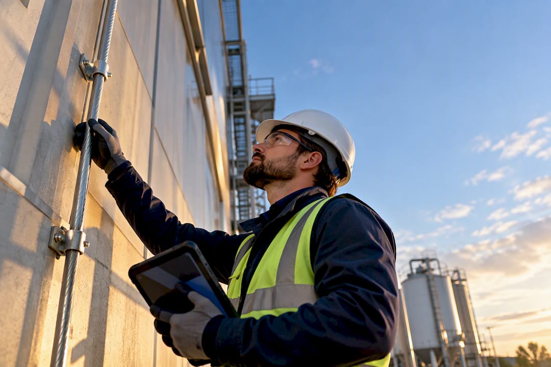 Engineer inspecting industrial lightning protection installation