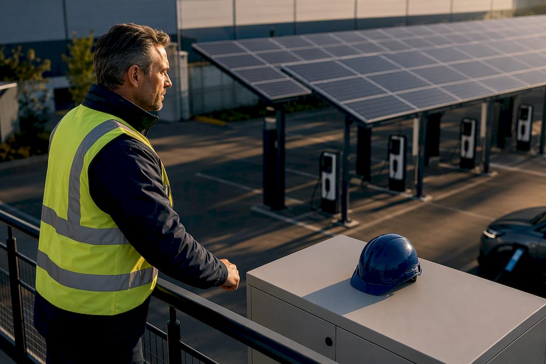Solar canopy beside industrial EV charging installation