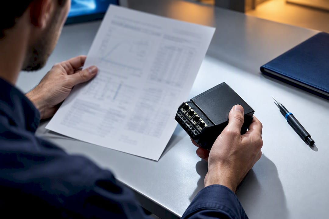 Engineer reviewing surge protector test documentation