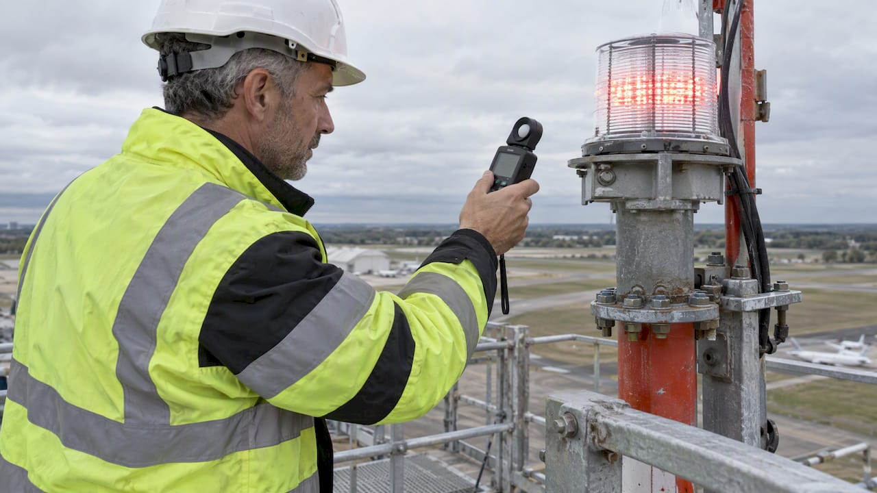 Technicien en train de mesurer une balise LED