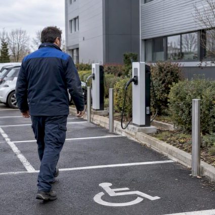 Facility manager inspecting enterprise charging bays