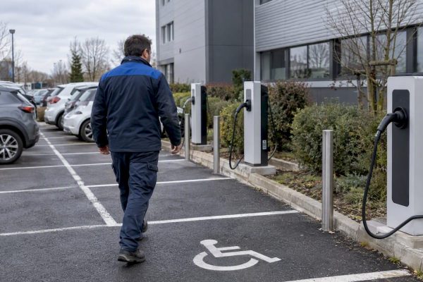 Facility manager inspecting enterprise charging bays