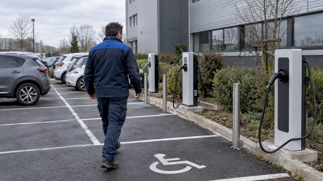 Facility manager inspecting enterprise charging bays
