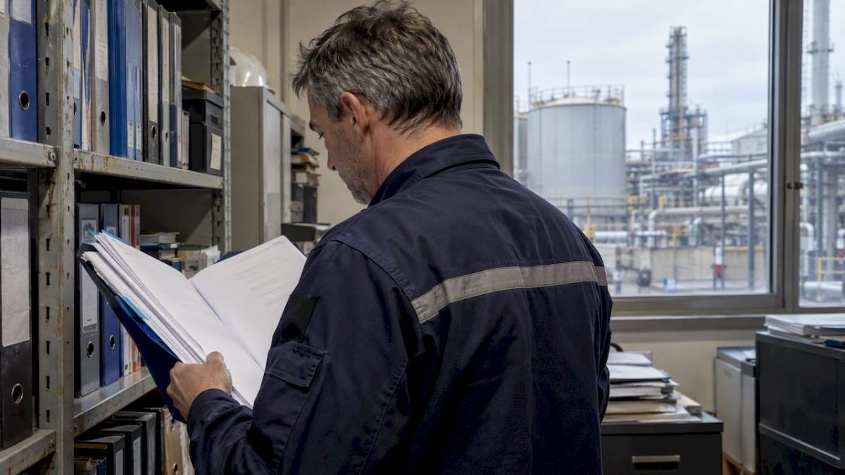 Inspector reviewing an industrial lightning dossier